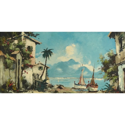 535 - Gierrs - Continental coastal scene with moored boats and villas, continental school oil on canvas, m... 