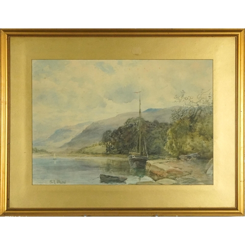 802 - Philip Osment - River with moored boats before mountains, early 20th century watercolour, mounted, f... 