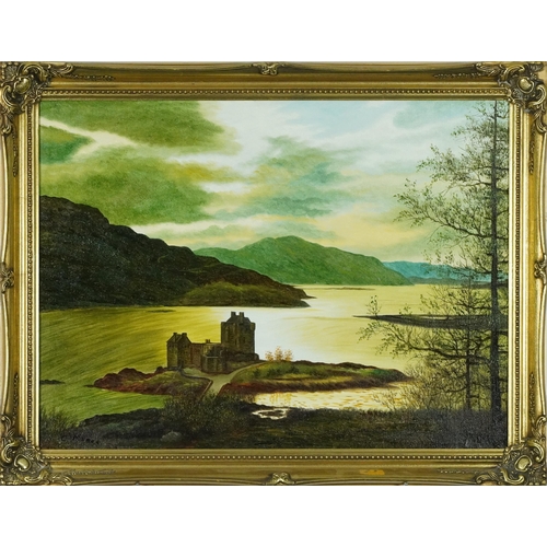 1231 - C Meres - Dornie Wester Ross, castle and loch Scotland, oil on board, inscribed verso, framed, 59.5c... 