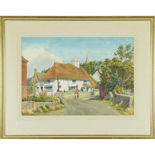 807 - Joan Morgan - Street scene with children and letterbox, contemporary watercolour, mounted, framed an... 