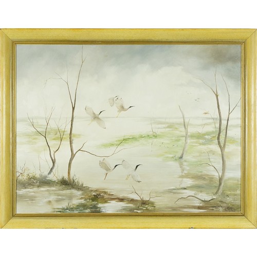 808 - Wendy Hunter - Cranes amongst marshland, wildlife interest oil on board, mounted and framed, 59.5cm ... 