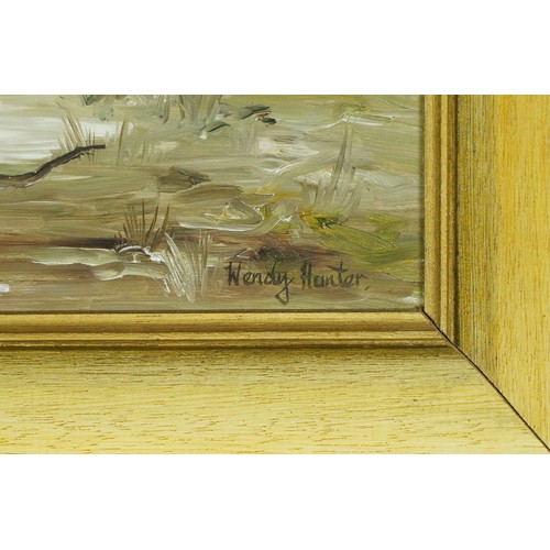 808 - Wendy Hunter - Cranes amongst marshland, wildlife interest oil on board, mounted and framed, 59.5cm ... 