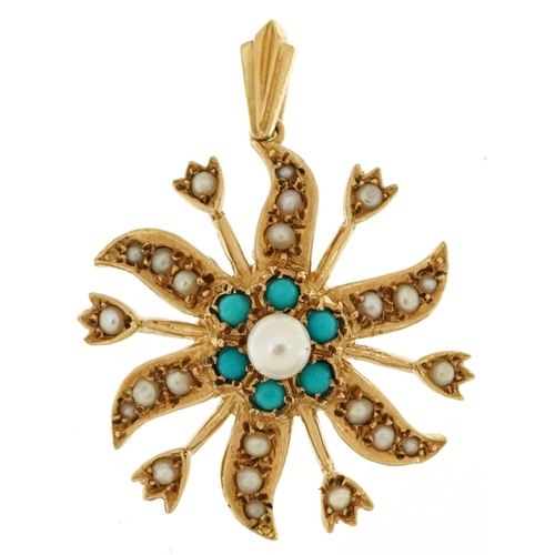 2226 - Edwardian style 9ct gold seed pearl and turquoise starburst pendant, 3.5cm high, 4.3g