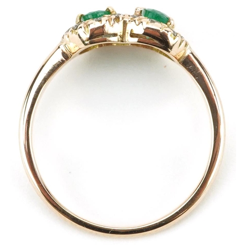 2239 - Unmarked gold emerald and diamond Toi et Moi ring, each emerald approximately 5.10mm x 3.10mm x 2.80... 