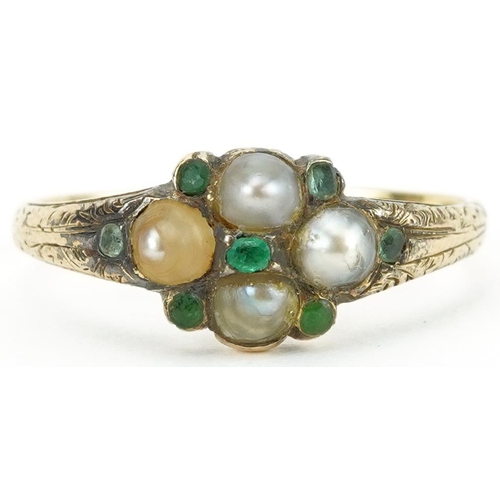 2225 - Antique 9ct gold emerald and pearl cluster ring with engraved shoulders, size M, 1.9g