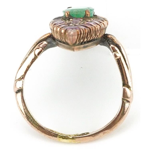 2210 - Antique unmarked gold ruby and emerald navette ring, the emerald approximately 7.80mm x 5.60mm x 3.0... 