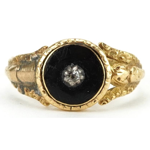 2523 - George IV 18ct gold black enamel and diamond mourning ring with ornate floral setting, engraved indi... 