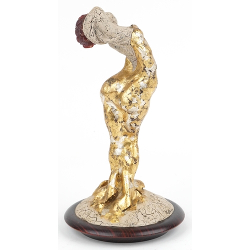 463 - Neil Wilkinson, contemporary Brutalist resin and gold leaf sculpture of a female raised on circular ... 