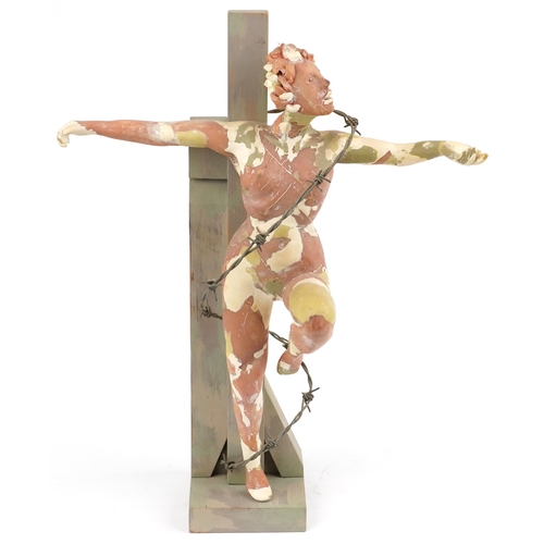 245 - Neil Wilkinson, contemporary Brutalist painted resin sculpture of a nude female on hardwood cross wi... 