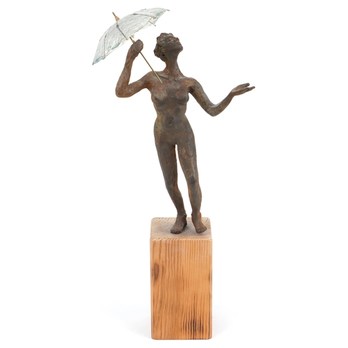 392 - Neil Wilkinson, contemporary Brutalist cast resin sculpture of a nude female holding an umbrella rai... 