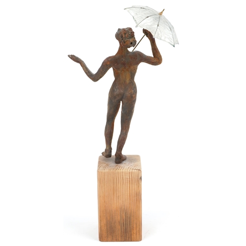 392 - Neil Wilkinson, contemporary Brutalist cast resin sculpture of a nude female holding an umbrella rai... 