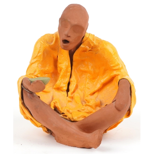 465 - Neil Wilkinson, contemporary Brutalist terracotta sculpture with gesso and enamel paint of a beggar,... 