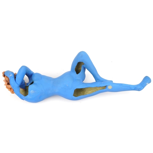 394 - Neil Wilkinson, contemporary Brutalist blue painted sculpture of a reclining nude female, 55cm in le... 