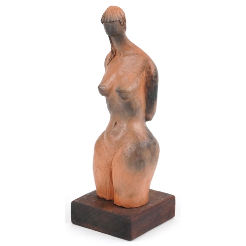 248 - Neil Wilkinson, contemporary Brutalist terracotta sculpture of a nude female raised on square hardwo... 