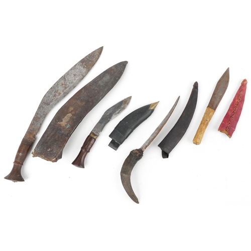 1909 - Four edged weapons including two Gurkha's kukri knives, African tribal interest example with animal ... 