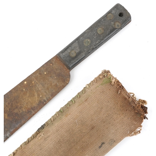 1902 - British military World War II jungle machete with canvas sheath and steel blade impressed J J B 1948... 