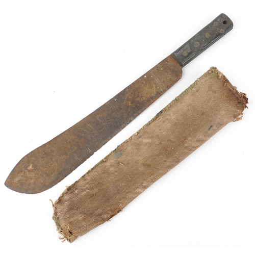 1902 - British military World War II jungle machete with canvas sheath and steel blade impressed J J B 1948... 