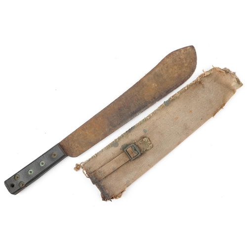 1902 - British military World War II jungle machete with canvas sheath and steel blade impressed J J B 1948... 