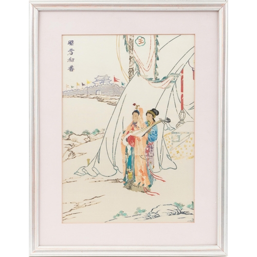 811 - Geishas in a landscape with instrument, Chinese stamp relief picture on silk signed with character m... 