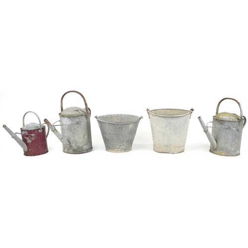 1297 - Agricultural interest galvanised steel comprising two buckets with swing handles and three watering ... 