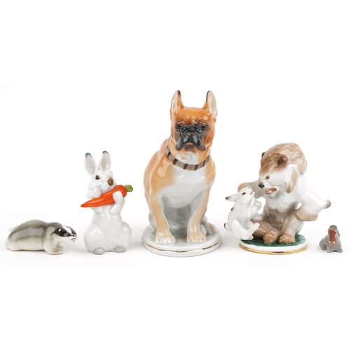 731 - Lomonosov, Russian porcelain including a large bulldog and comical lion and rabbit group, the larges... 