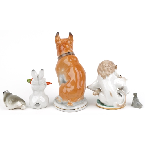 731 - Lomonosov, Russian porcelain including a large bulldog and comical lion and rabbit group, the larges... 