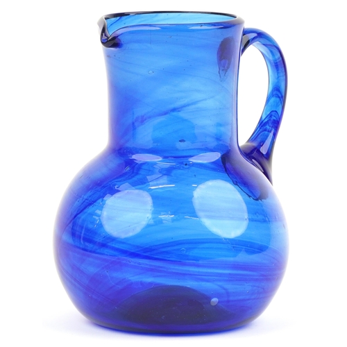 1321 - Blue art glass jug with unpolished pontil, 18cm high