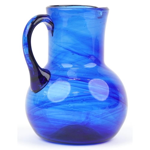 1321 - Blue art glass jug with unpolished pontil, 18cm high