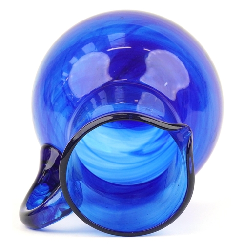 1321 - Blue art glass jug with unpolished pontil, 18cm high