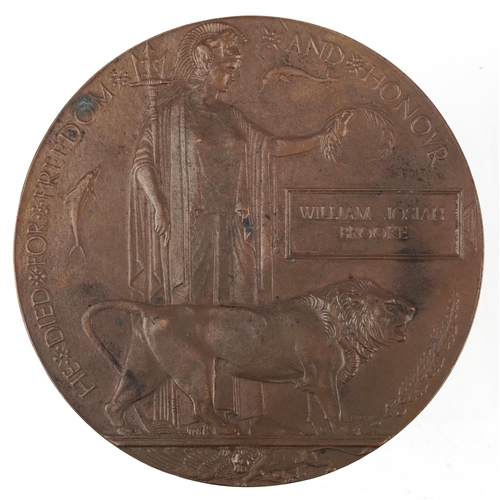 1825 - British military World War I death plaque awarded to William Josiah Brook of The 10th Essex Regiment