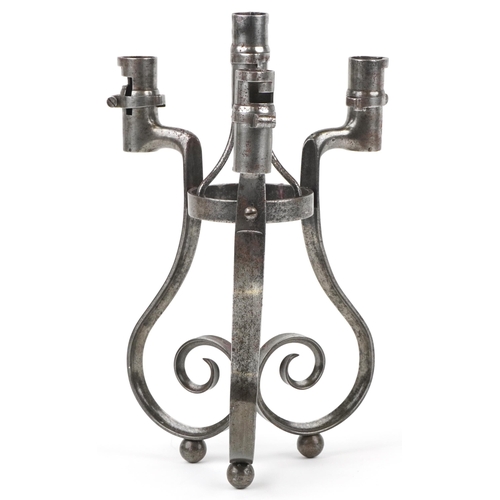 1861 - Military interest trench art four branch candelabra made from ring bayonets, 33cm high