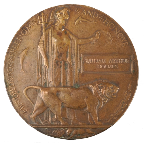 1827 - British military World War I death plaque awarded to William Arthur Holmes