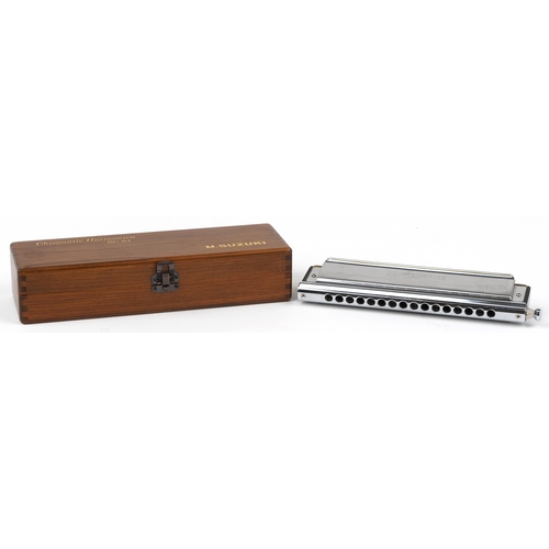 1688 - M Suzuki Professional model chromatic harmonica with fitted box, model SC-64, 21cm in length