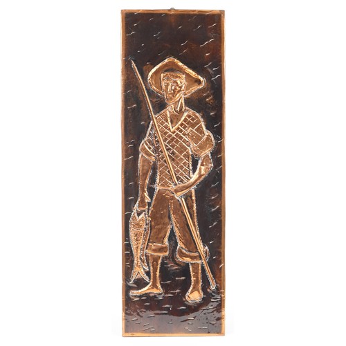 1362 - Arts & Crafts style copper wall plaque embossed with a young fisherman, 58.5cm x 19cm