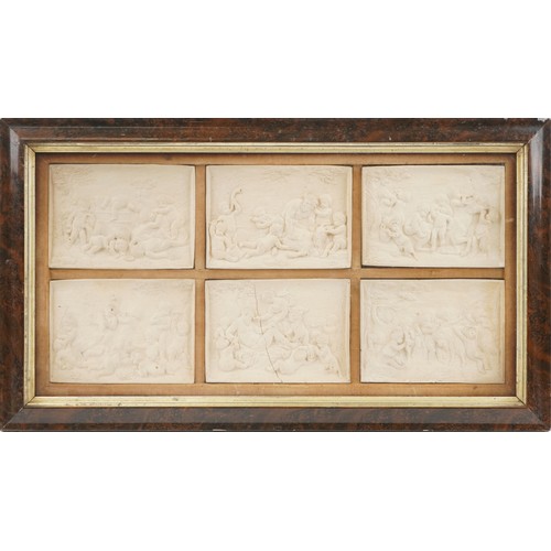 144 - Set of six 19th century Grand Tour classical Bacchanalian panels housed in a glazed framed display, ... 