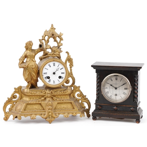 1498 - Two mantle clocks comprising a French gilt metal figural example with enamelled dial having Roman nu... 