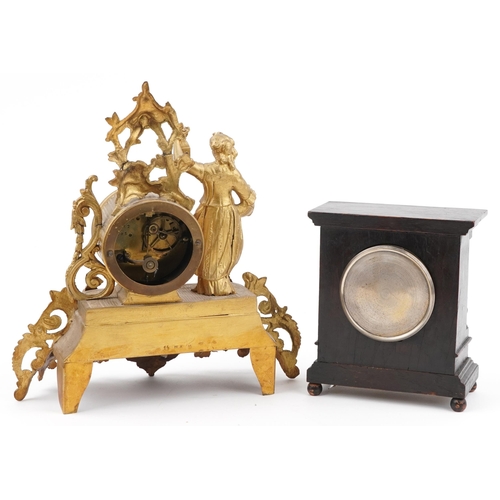 1498 - Two mantle clocks comprising a French gilt metal figural example with enamelled dial having Roman nu... 