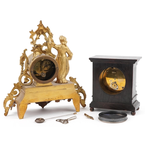 1498 - Two mantle clocks comprising a French gilt metal figural example with enamelled dial having Roman nu... 