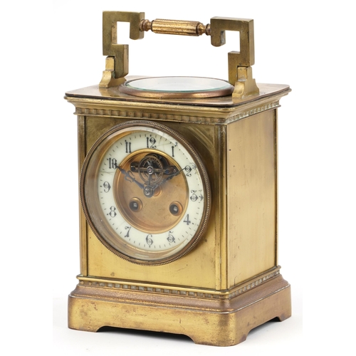 19th century French Weather Compendium mantle clock striking on a gong with thermometer and compass, the circular dial with visible Brocot escapement having enamelled chapter ring with Roman Numerals, 22cm high