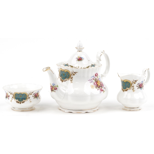 727 - Royal Albert Berkeley teapot, milk jug and sugar bowl, the teapot 25cm in length