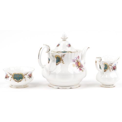 727 - Royal Albert Berkeley teapot, milk jug and sugar bowl, the teapot 25cm in length