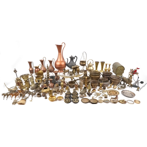 1581 - Copper, brass and metalware including a Chinese pagoda, horse drawn Gypsy wagon, teapots and various... 