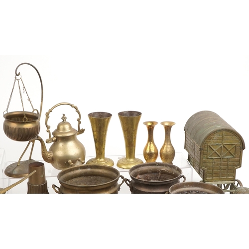 1581 - Copper, brass and metalware including a Chinese pagoda, horse drawn Gypsy wagon, teapots and various... 