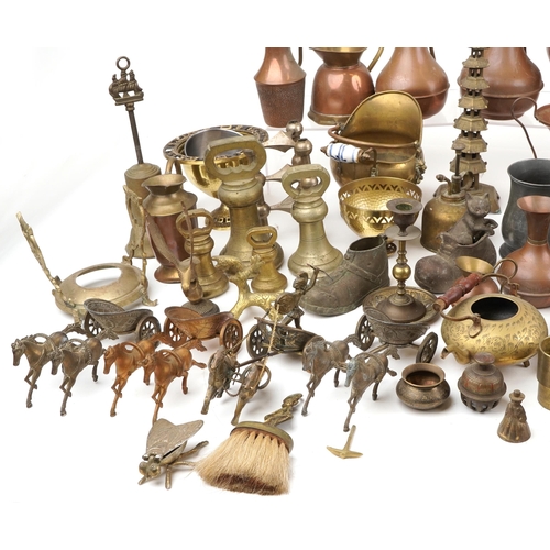 1581 - Copper, brass and metalware including a Chinese pagoda, horse drawn Gypsy wagon, teapots and various... 