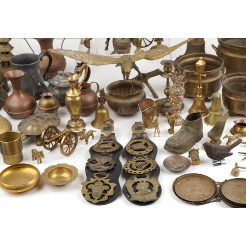 1581 - Copper, brass and metalware including a Chinese pagoda, horse drawn Gypsy wagon, teapots and various... 