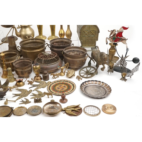 1581 - Copper, brass and metalware including a Chinese pagoda, horse drawn Gypsy wagon, teapots and various... 