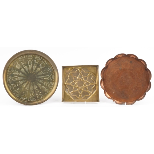 524 - Three Arts & Crafts and Art Nouveau metal trays including a square example embossed with Celtic moti... 