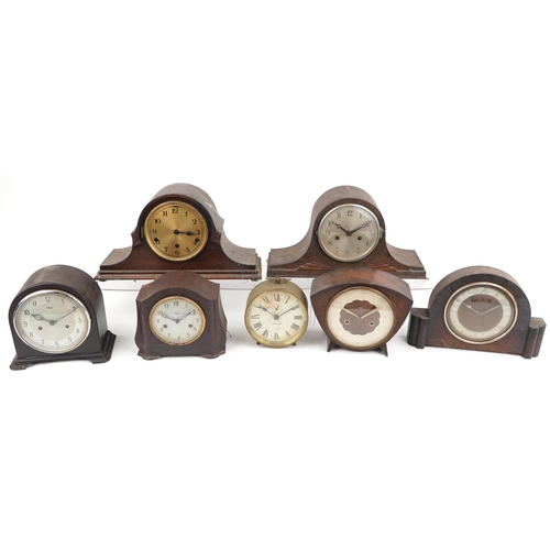 1584 - Six early 20th century oak and Bakelite mantle clocks and a American ship's design alarm example by ... 