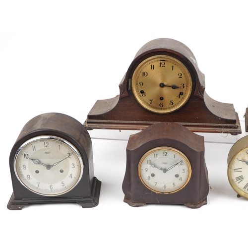 1584 - Six early 20th century oak and Bakelite mantle clocks and a American ship's design alarm example by ... 