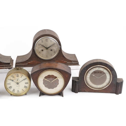 1584 - Six early 20th century oak and Bakelite mantle clocks and a American ship's design alarm example by ... 